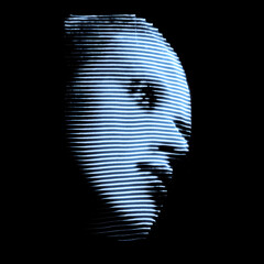 Fantasy, sci-fi and technology concept. A creative image featuring a woman face silhouette made of wavy horizontal blue neon light stripes. Noise and grain effect applied