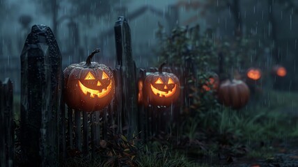 Spooky Halloween pumpkins glowing in the rain