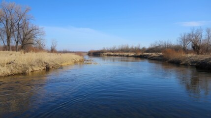 Early spring river under clear blue skies