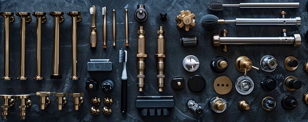 Editorial photography style, plumbing accessories arranged neatly on a stone black background, with a generous amount of copyspace
