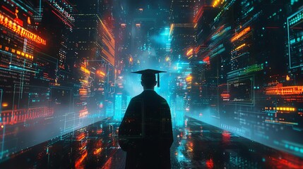 A vibrant and futuristic digital celebration of an online graduation, embodying the essence of academic achievement in a virtual world