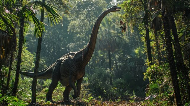 A Brachiosaurus eating leaves from tall trees