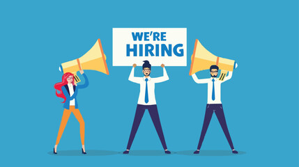 HR recruiting announcement we are hiring advertisement, human resources or employer looking for candidate for job vacancy concept, business people HR with megaphone holding we are hiring sign. Design 