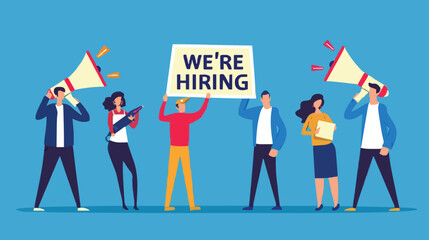 HR recruiting announcement we are hiring advertisement, human resources or employer looking for candidate for job vacancy concept, business people HR with megaphone holding we are hiring sign. Design 