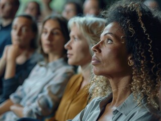 Obraz premium A group of people are sitting in a room and one woman has her head tilted