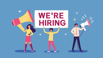 HR recruiting announcement we are hiring advertisement, human resources or employer looking for candidate for job vacancy concept, business people HR with megaphone holding we are hiring sign. Design 