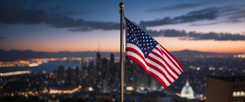 An American flag flying at dusk with a cityscape and illuminated skyline in the background. Ideal for patriotic concepts, Independence Day, and urban pride.