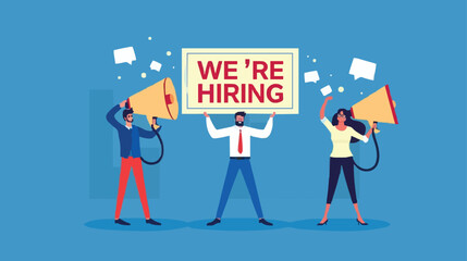 HR recruiting announcement we are hiring advertisement, human resources or employer looking for candidate for job vacancy concept, business people HR with megaphone holding we are hiring sign. Design 