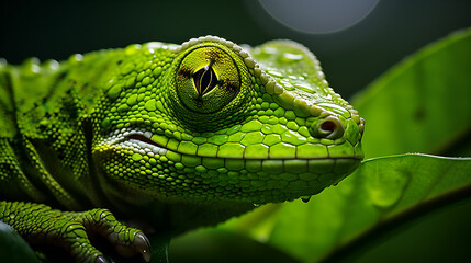 Fototapeta premium A green lizard with a black spot on the eye