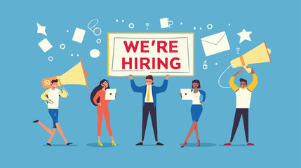 HR recruiting announcement we are hiring advertisement, human resources or employer looking for candidate for job vacancy concept, business people HR with megaphone holding we are hiring sign. Design 