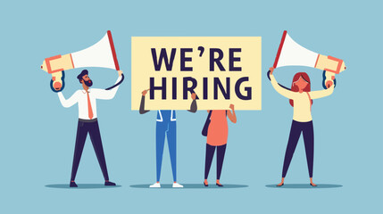 HR recruiting announcement we are hiring advertisement, human resources or employer looking for candidate for job vacancy concept, business people HR with megaphone holding we are hiring sign. Design 