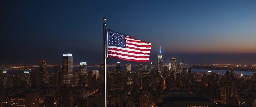 American flag waving over a cityscape at night, showcasing a blend of patriotism and urban beauty with skyscrapers illuminated against the dusk sky
