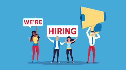 HR recruiting announcement we are hiring advertisement, human resources or employer looking for candidate for job vacancy concept, business people HR with megaphone holding we are hiring sign. Design 