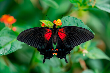 Beautiful Black and Red butterfly rests among the foliage of a garden
