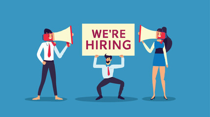 HR recruiting announcement we are hiring advertisement, human resources or employer looking for candidate for job vacancy concept, business people HR with megaphone holding we are hiring sign. Design 