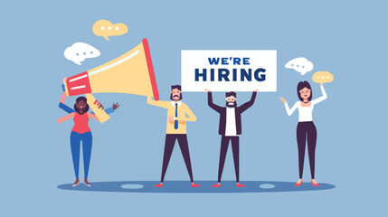 HR recruiting announcement we are hiring advertisement, human resources or employer looking for candidate for job vacancy concept, business people HR with megaphone holding we are hiring sign. Design 