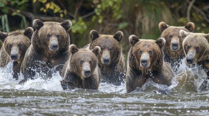 A group of grizzly bear hunting a salmon in the river