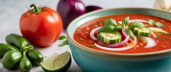A vibrant bowl of gazpacho adorned with fresh cucumber, onion, and basil, surrounded by garden vegetables Perfect for summer, healthy meals, and vegetarian dishes