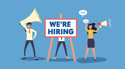 HR recruiting announcement we are hiring advertisement, human resources or employer looking for candidate for job vacancy concept, business people HR with megaphone holding we are hiring sign. Design 
