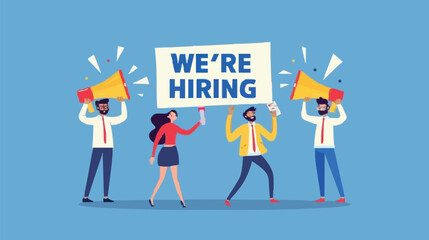 HR recruiting announcement we are hiring advertisement, human resources or employer looking for candidate for job vacancy concept, business people HR with megaphone holding we are hiring sign. Design 