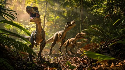 Obraz premium A group of Velociraptors hunting in a dense forest