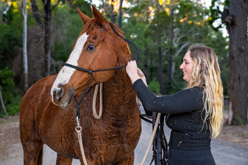 Woman tacking up brown chestnut horse, bridle reins bit lead rope, equestrian tack, horseback riding ride
