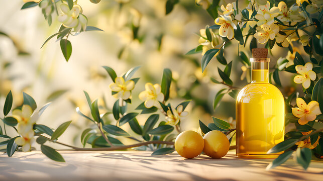 A table scene featuring bottles of marula oil and marula fruits, elegantly adorned with white and yellow flowers in the background.
