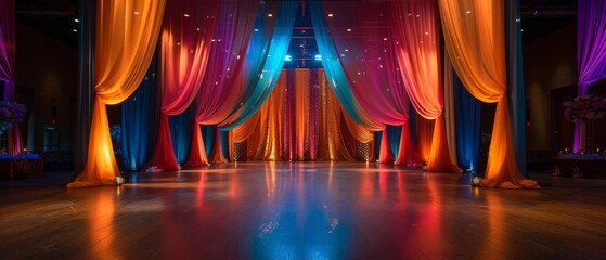 A wide-angle view of a vibrant graduation backdrop with elaborate celebratory decorations