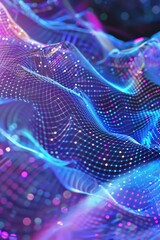 Fototapeta premium Flowing digital data stream, blue and violet gradient, wireframe mesh, futuristic cyberspace, soft glow,watercolor