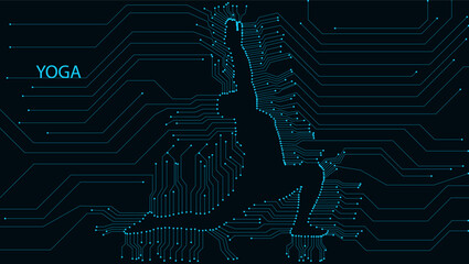 Warrior II Yoga Pose Silhouette Connecting Mind and Body with Circuit Board Background. The person is in Warrior II pose, also known as Virabhadrasana II.Yoga is said to improve physical  health.