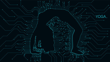 Warrior II Yoga Pose Silhouette Connecting Mind and Body with Circuit Board Background. The person is in Warrior II pose, also known as Virabhadrasana II.Yoga is said to improve physical  health.