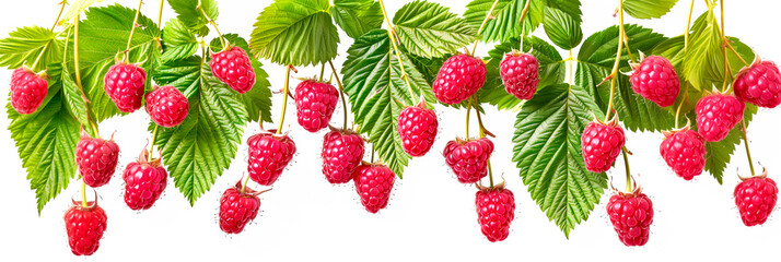 Close-up of ripe Raspberries on a tree branch. Vibrant fruits and green leaves convey freshness and healthy living