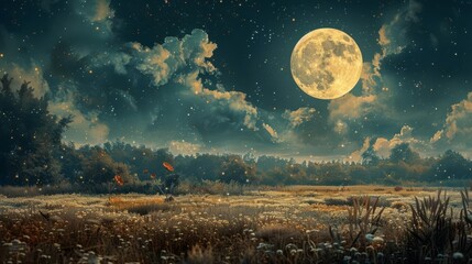 The essence of a panoramic view of a harvest moon against the night sky in a digital painting