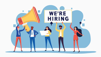 HR recruiting announcement we are hiring advertisement, human resources or employer looking for candidate for job vacancy concept, business people HR with megaphone holding we are hiring sign. design