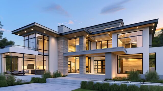 Contemporary luxury mansion with extensive glass panels and multiple levels, beautifully illuminated at twilight. 