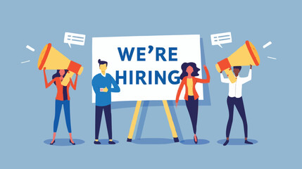 HR recruiting announcement we are hiring advertisement, human resources or employer looking for candidate for job vacancy concept, business people HR with megaphone holding we are hiring sign. design