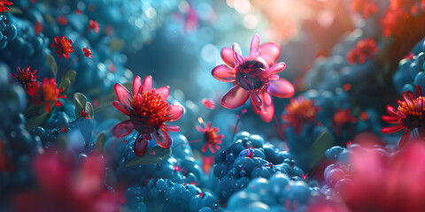 Obraz premium Colorful Molecular Flowers: Artistic Biological Concept 3D Illustration of Flowers with Molecular Structures Creative Fusion of Biology and Art: Molecular Flowers Abstract Visualization of Molecular B