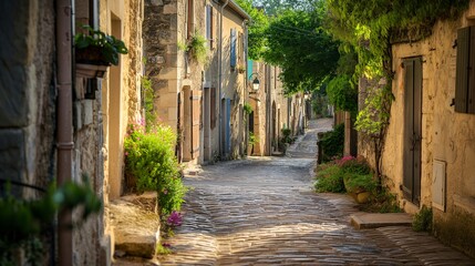Obraz premium A charming street in a historic European town with cobblestone paths.