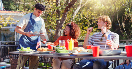 Friends, group and eating barbecue outdoor on terrace with conversation, reunion and social event in summer. People, bbq and lunch on patio with food, talking and celebration with bonding and drinks