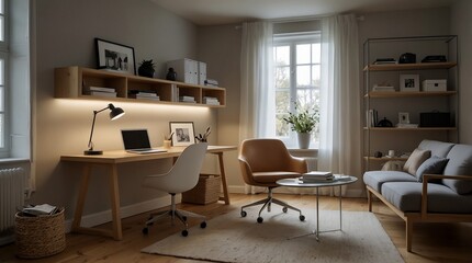 Fototapeta premium Scandinavian Office Design: Light Wood Desk & Functional Elegance