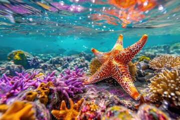 Underwater view of a colorful starfish with sunbeams filtering through water illustrating life, beauty, and tranquility of the ocean depths