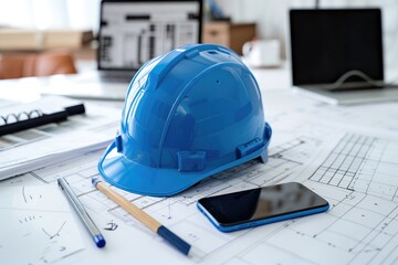 A blue construction helmet rests on detailed architectural plans with a smartphone and pencil nearby