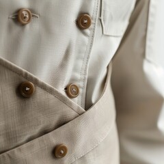 A close-up of a chef's uniform set with a focus on the jacket's buttons and stitching. Job ID: 6005015c-d540-495c-81f8-b6455483d521