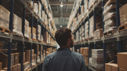 A man standing in a warehouse looking up at stacked boxes on shelves.