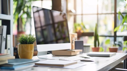 : A professional workspace with neatly arranged stationery and a computer.