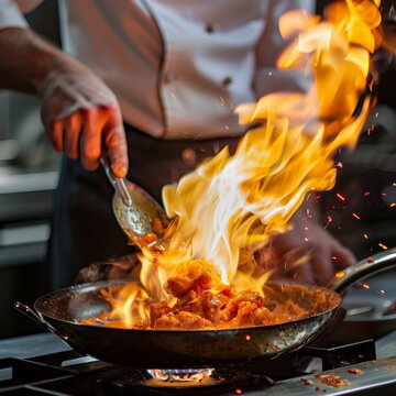 A chef flambeing a dish, with flames leaping from the pan. Job ID: ec535fca-99e6-4c2d-bede-9fde0da6a699