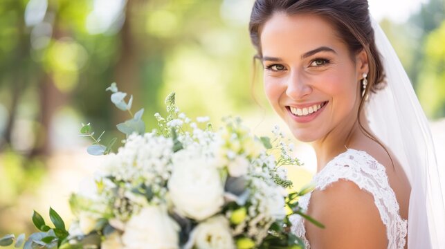 A smiling bride in a wedding dress holding a bouquet of white flowers.