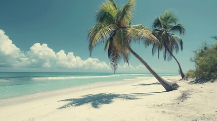 Obraz premium A tranquil beach scene with palm trees and white sand.