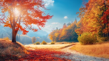 Fototapeta premium A vibrant autumn landscape with colorful trees and a clear blue sky.