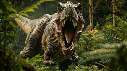A T-Rex roaring in a prehistoric jungle